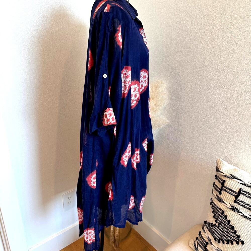 Boutique Navy Floral Tie Dye Sheer 3/4 Sleeve Cover Up Tunic Shirt Mini Dress OS - Picture 2 of 9